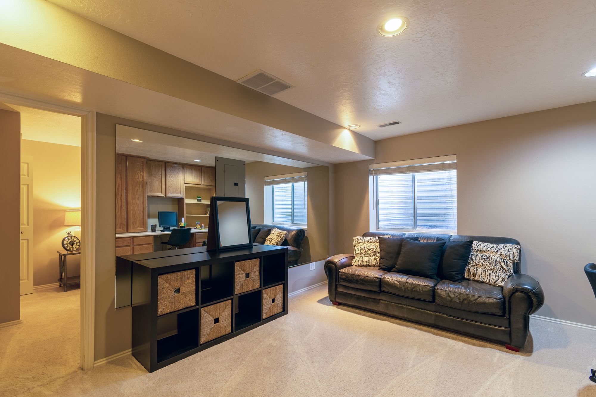 A finished basement with new flooring